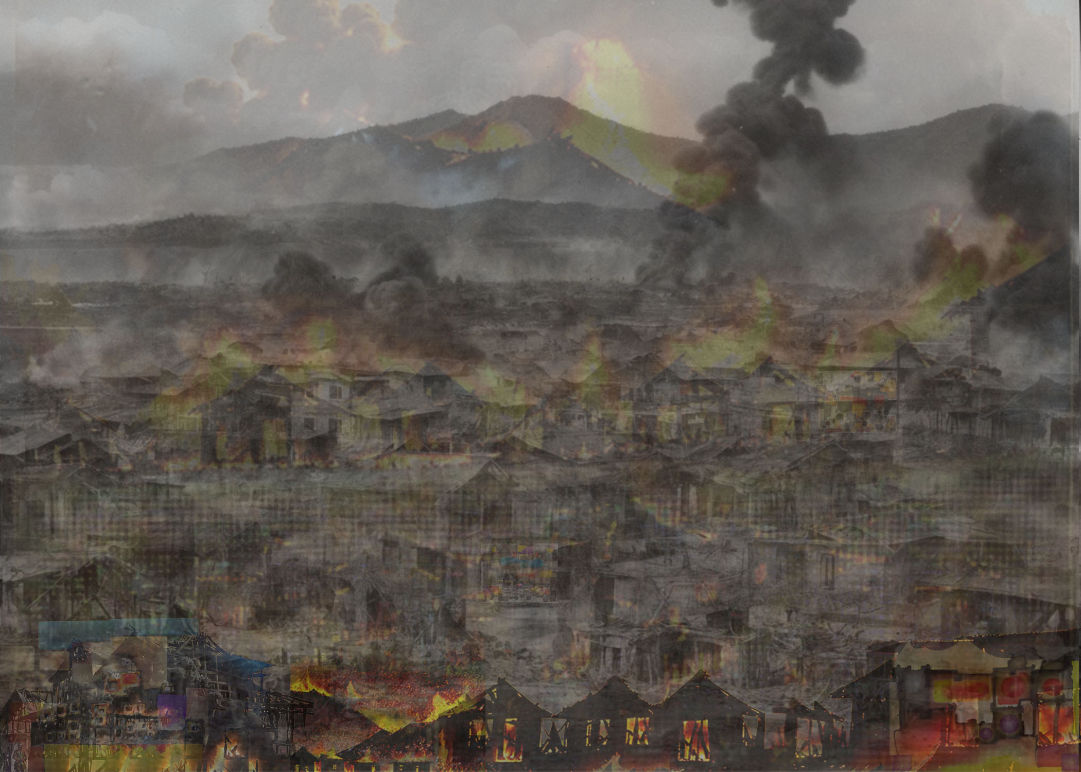 A village on fire nestled in a valley with a backdrop of rolling hills and a dramatic sky filled with smoke and fire, representing the destruction and carpet bombing of Filipino villages during the Philippine-American War.